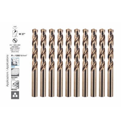 Grąžtų komplektas (10vnt.) nerūdijančiam plienui, metalui, Ø5.5mm, HSS-CO 5%, DIN338, 57mm, L-93mm