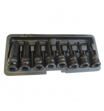 Galvučių antgalių rinkinys, 8d., 1/2`, ilgų, sustiprintų lietų, žvaigždutė (Torx), L-78mm, (T30-T90), plastikinė dėžutė