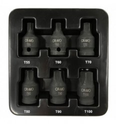 Galvučių antgalių rinkinys, 6d., 1/2`, L-45mm, žvaigždutė (Torx), (T55-T100), plastikinė dėžutė